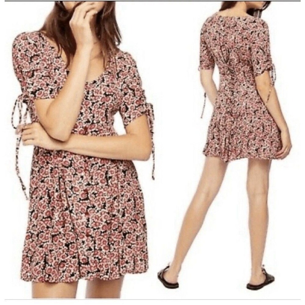 Free People Floral Corset Lace‑Up Mini Dress red/black Button down pockets S/P